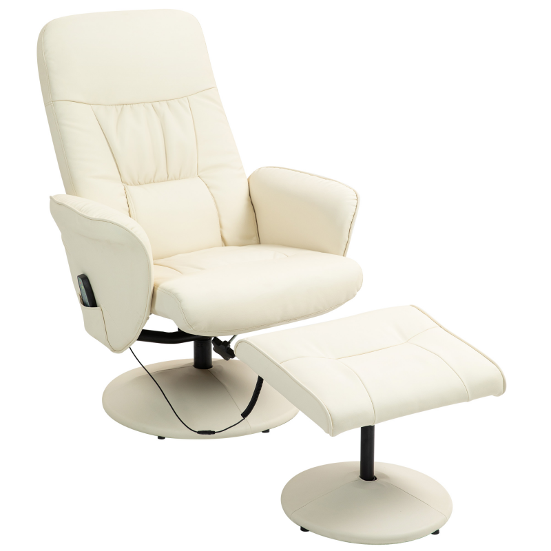 HOMCOM Relaxsessel mit Fußhocker, Elektrischer Massagesessel mit Liegefunktion, 10 Massagepunkte, Drehbarer Fernsehsessel mit Seitentasche, Fernbedienung, Kunstleder, Cremeweiß Aosom – Bild 1 von 2
