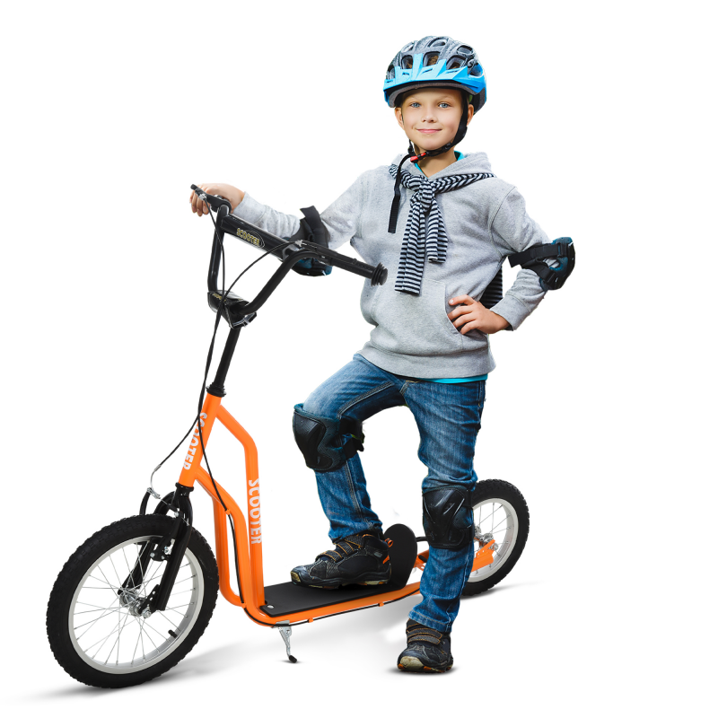 HOMCOM Kinderroller Scooter ab 5 Jahre Tretroller Cityroller mit Luftreifen 16 Zoll vorne 12 Zoll hinten Orange 135x58x88-94 cm Aosom.de – Bild 1 von 2