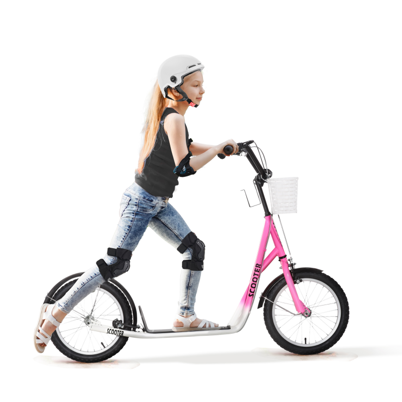 HOMCOM Kinderroller Scooter Tretroller mit Bremse Korb höhenverstellbar für 5-12 Kinder Roller Kickboard Aluminiumlegierung Gummi Rosa+Weiß Aosom – Bild 1 von 2