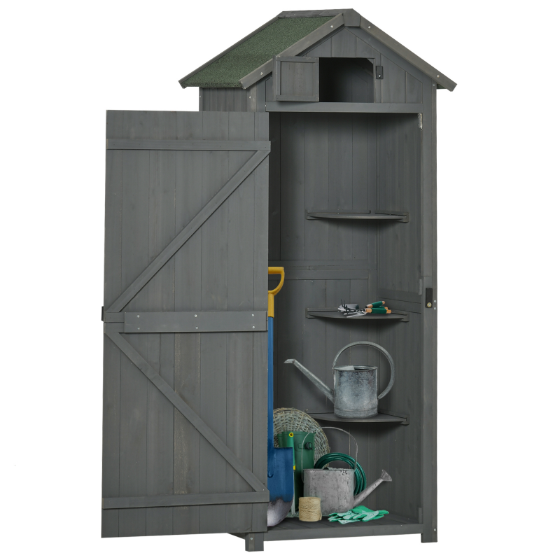 Outsunny Gartenschrank Holz gartenschrank wetterfest abnehmbare Eckregale Gekipptes Asphaltdach Verriegelte Türen 77x54,2x179cm Grau+Grün Aosom.de – Bild 1 von 2