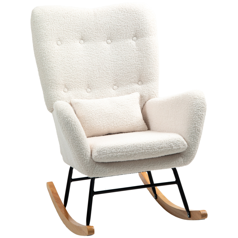 HOMCOM Schaukelstuhl, Schaukelsessel mit Armlehne, Teddystoff-Optik, Stillsessel mit Holzkufen, Lendenkissen, Relaxsessel Schwingsessel für Wohnzimmer, Schlafzimmer, Cremeweiß Aosom – Bild 1 von 2