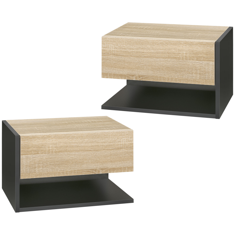 HOMCOM Set von 2 Wandnachttischen - Set von 2 Nachttischen - Schublade, Regal, Ablage - Zweifarbiges Eichenholz-Schwarz Aosom – Bild 1 von 2