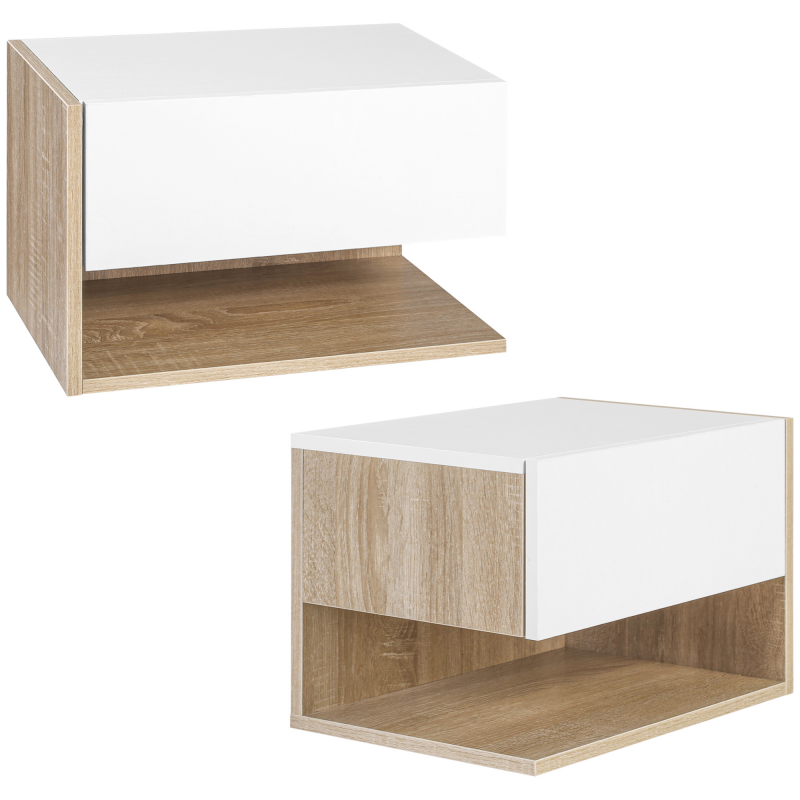 HOMCOM Set aus 2 Wand-Nachttischen - Set aus 2 Nachtischen - Ausziehbare Schublade, Regal, Ablage - Holz in Zweifarbenoptik Eiche Weiß Aosom – Bild 1 von 2