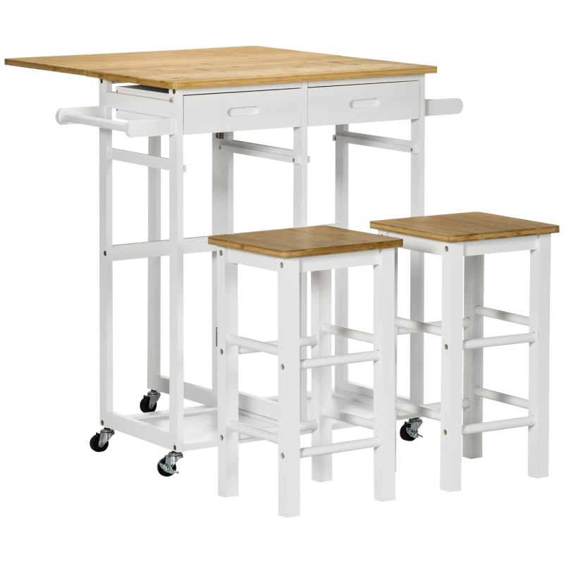 HOMCOM Ensemble Bartisch Küchenwagen klappbarer Küchentisch Rollen + 2 Hocker Weiß und helles Holz - 2 Schubladen und Geschirrtuchhalter Aosom – Bild 1 von 2