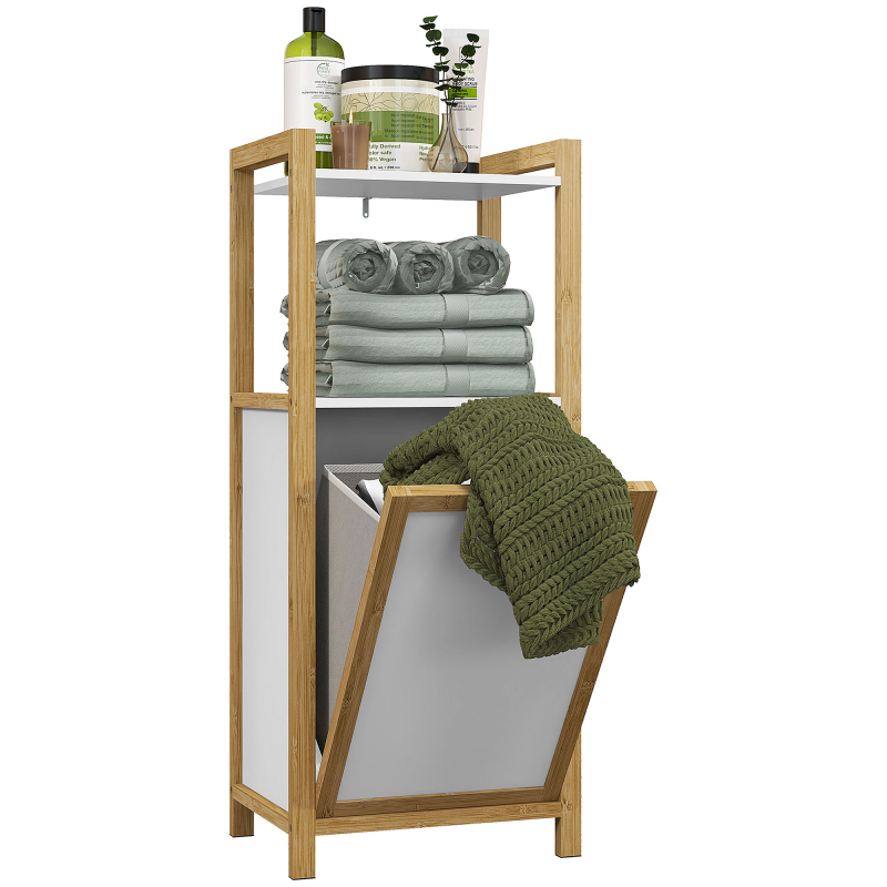 HOMCOM Badezimmerschrank aus Bambus mit Wäschekorb Bodenschrank Badezimmer Platzsparend - 2 Regale - Abmessungen 40L x 30B x 86,5H cm Aosom – Bild 1 von 2