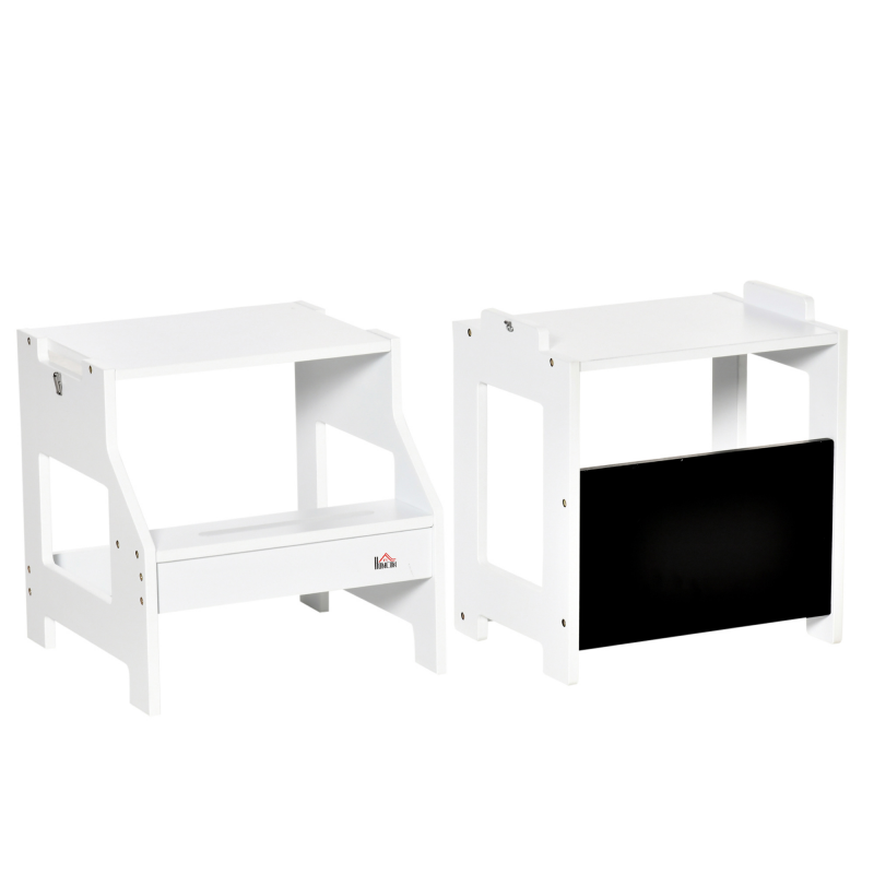 HOMCOM Lern- und Malstuhl mit Kreidetafel und 3-in-1 Schreibtischhockerfunktion - rutschfeste Stufen, Sicherheitsbügel, hohe Stabilität - MDF Weiß Schwarz Aosom – Bild 1 von 2