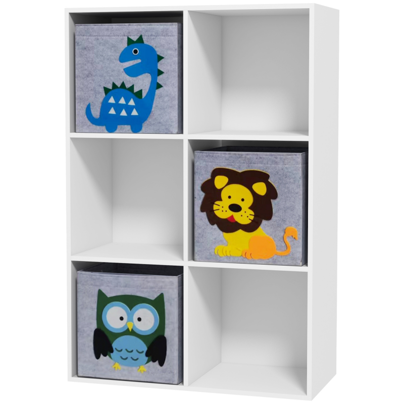 ZONEKIZ Kinderregal, Kinderzimmerregal, Bibliothek, 6 Fächer, 3 Würfel Stoffkörbe mit Tiermotiven für Spielzimmer, Kinderzimmer, 62 x 30 x 91,5 cm, Weiß Aosom – Bild 1 von 2