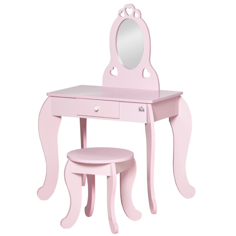 HOMCOM Kinder-Frisierkommode Mädchenhaftes Design mit Herzchenmotiven - Inkl. Hocker - Maße 60L x 36B x 88H cm - Schublade, Spiegel - MDF - Rosa Aosom – Bild 1 von 2