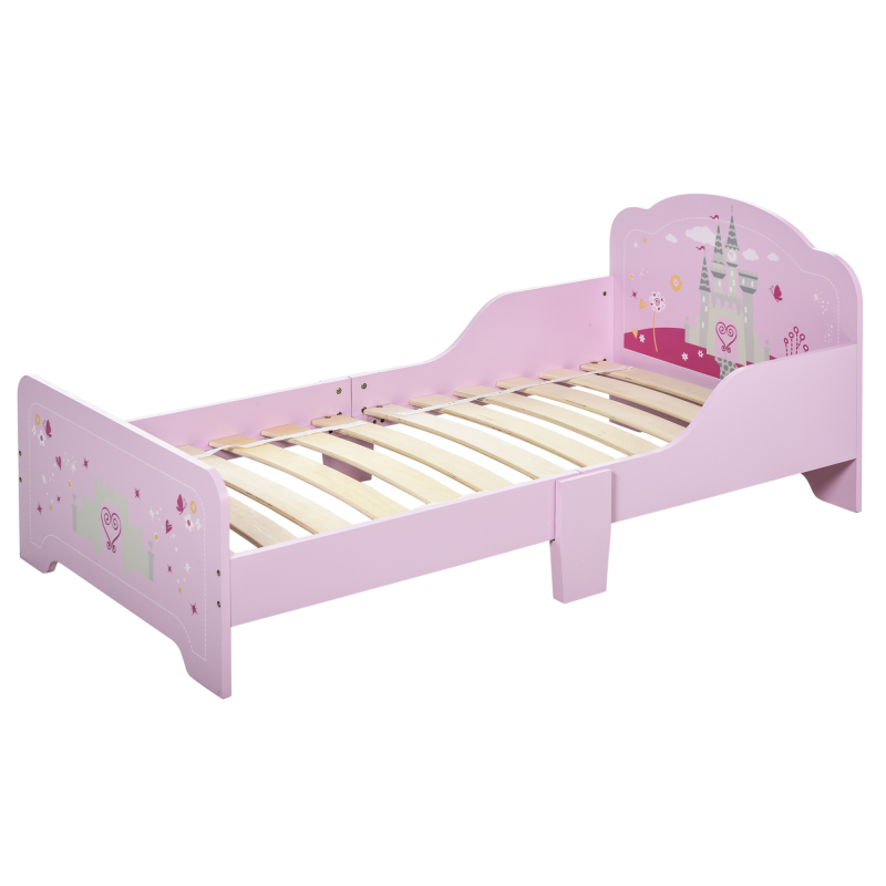 HOMCOM Kinderbett - Kinderbett Design Prinzessin Motiv Schloss - Lattenrost inklusive - MDF Sperrholz Rosa Aosom – Bild 1 von 2