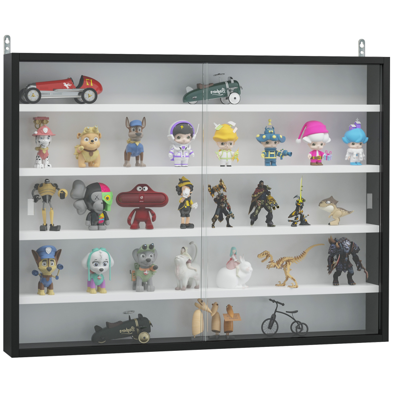 HOMCOM Vitrine für Sammlerstücke Wandvitrine 80 x 9,5 x 60 cm mit 4 verstellbaren Regalen und 2 Glasschiebetüren, für Sammlungen von Figurinen und Miniaturautos, Schwarz Aosom – Bild 1 von 2