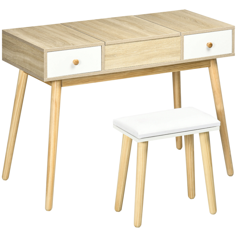HOMCOM Frisierkommode Set mit Schminktisch Hocker klappbarer Spiegel skandinavischer Stil 2 Schubladen 2-in-1 Schreibtisch - 100 x 45 x 118 cm Aosom – Bild 1 von 2
