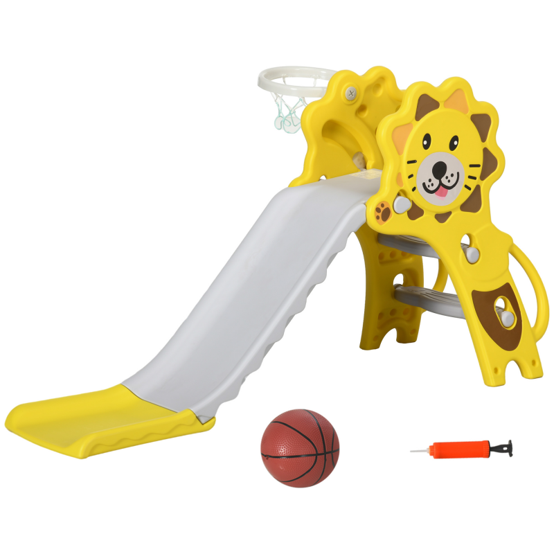 AIYAPLAY Kinderrutsche Basketballkorb für Kinder 18 bis 36 Monate Innen- und Außenbereich Max. 25 kg 131L x 50B x 74H cm Ball + Pumpe enthalten HDPE Gelb Grau Aosom – Bild 1 von 2
