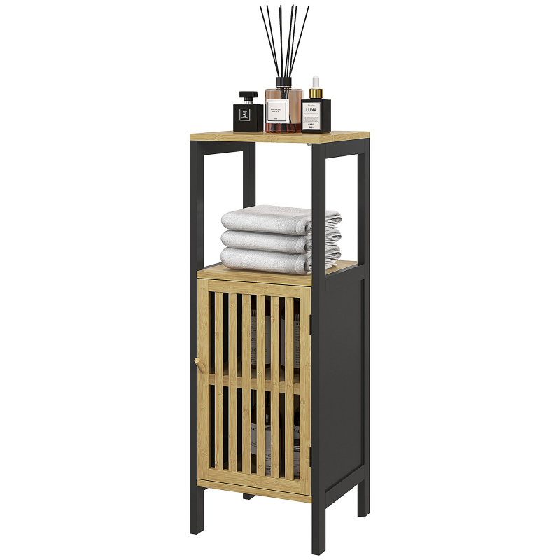 HOMCOM Badezimmerschrank aus Bambus mit 1 Tür und offener Nische 32 x 30 x 90,5 cm, Schwarz und Holz Aosom – Bild 1 von 2