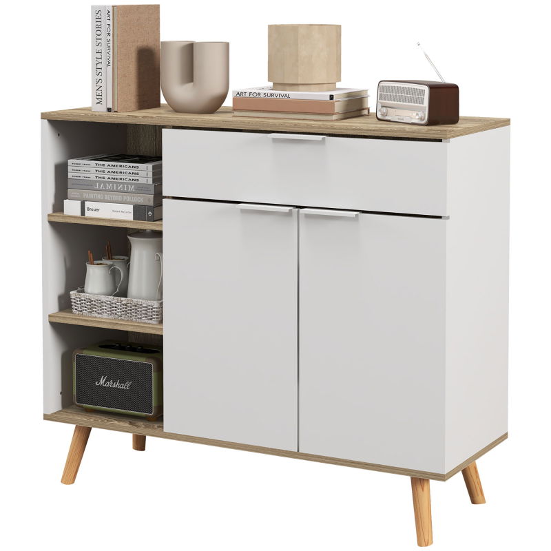 HOMCOM Aufbewahrungsmöbel, Küchenbuffet, Kommode, verstellbare Regale, 1 Schublade 1 Doppeltürschrank, Beine aus Massivholz, 95 x 35 x 85 cm, weiß Aosom – Bild 1 von 2