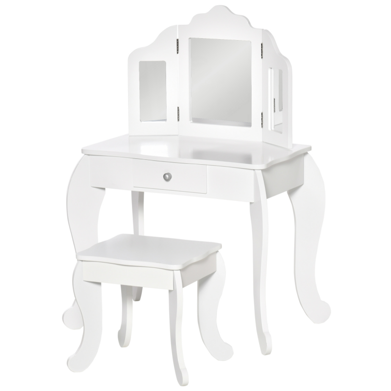HOMCOM Kinderschminktisch mit Hocker, dreiteiligem Spiegel und ausziehbarer Schublade - Schminktisch Maße 63L x 40B x 85,5H cm - Weiß Acryl Aosom – Bild 1 von 2