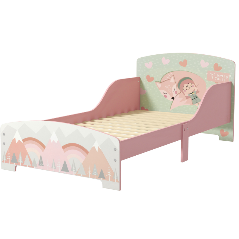 ZONEKIZ Kinderbett Bodenbett 3-6 Jahre mit Sicherheitsbarrieren und Mustern Abmessungen 77 x 143 x 60 cm Lattenrost inklusive - rosa Aosom – Bild 1 von 2