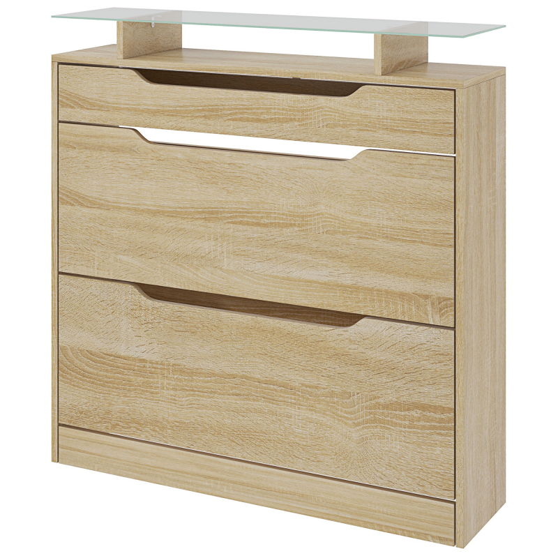 HOMCOM Schuhschrank mit 2 klappbaren Türen + 1 herausziehbarer Schublade + 1 Schublade und 1 Glasregal, Höhenverstellbarer Regal auf 2 Ebenen 89 x 23 x 96 cm Eiche Aosom – Bild 1 von 2