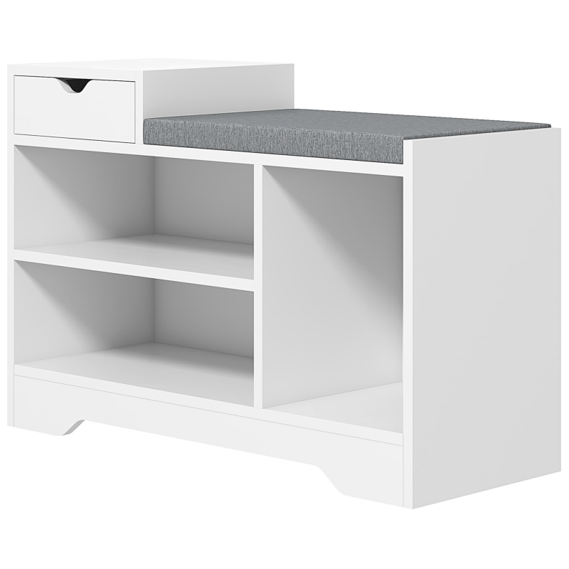 HOMCOM Schuhbank, Aufbewahrungsbank, 1 Schublade und 3 Fächer, Eingangsmöbel mit gepolstertem Kissen, für Flur, Eingang, Schlafzimmer, 76,5 x 30 x 52 cm, Weiß Aosom – Bild 1 von 2