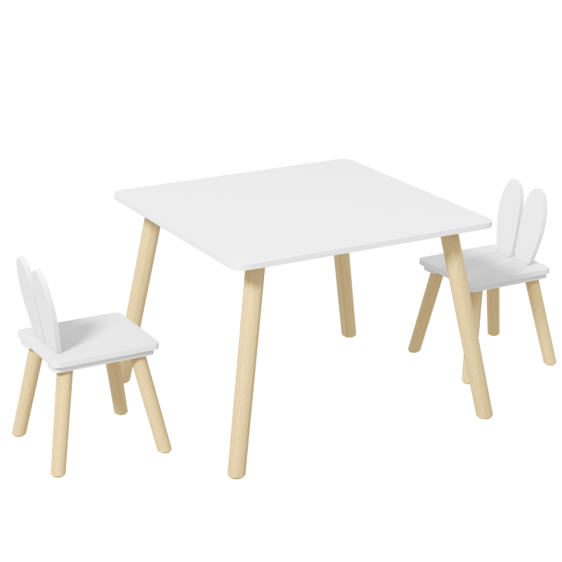 AIYAPLAY Kinder-Tisch- und 2-Stühle-Set Kindertisch mit 2 Stühlen skandinavisches Design mit Hasenohrenmuster Kieferholz Weiß Aosom – Bild 1 von 2