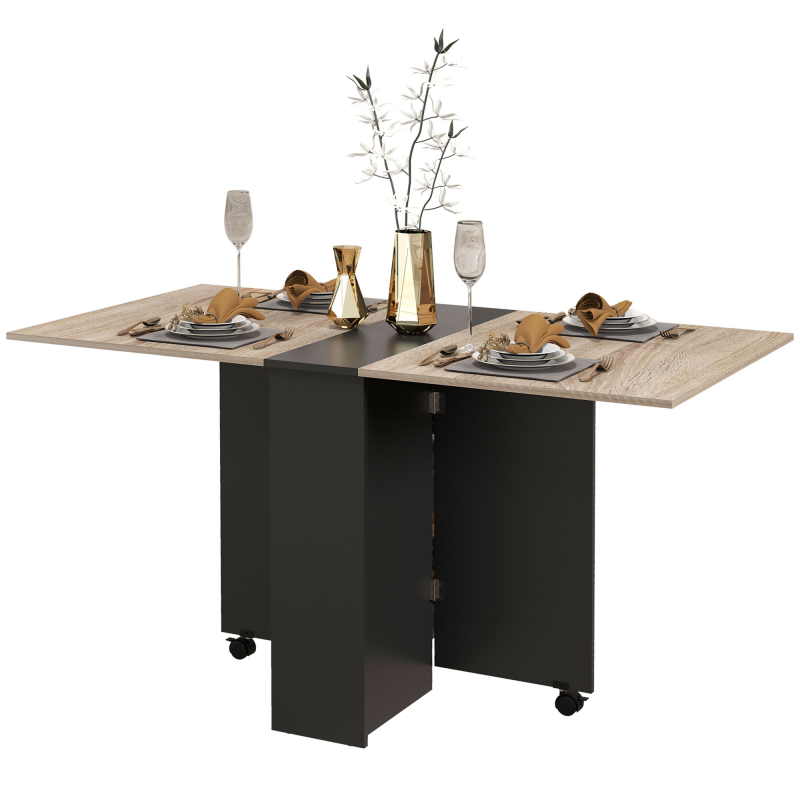 HOMCOM Klappbarer Küchen- und Esszimmertisch auf Rollen 75 x 140 x 74 cm mit 2 integrierten Regalen, Eiche und Schwarz Aosom – Bild 1 von 2