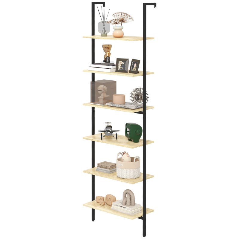 HOMCOM Wandregal Leiterregal Bücherregal Industriestil 6 Regale Schwarzer Stahl Natürliche Holzoptik - Maße 60L x 30B x 206H cm Aosom – Bild 1 von 2