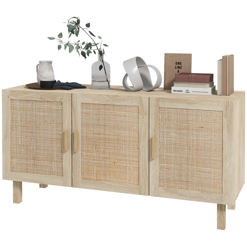 HOMCOM Buffet Möbel Aufbewahrungsschrank 3 Türen mit verstellbarem Regal Rattan-Effekt Bohème-Stil - 136 x 41 x 70 cm Aosom – Bild 1 von 2