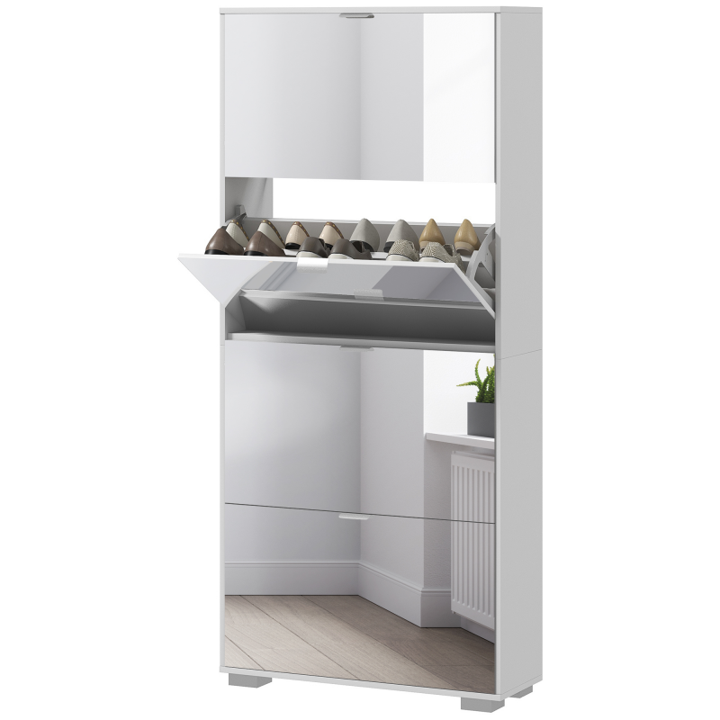 HOMCOM Schuhschrank 2 in 1 Schmaler Schuhschrank mit Spiegelfronten, 4 klapptüren, verstellbare Regale, platzsparend, 76B x 26T x 168H cm weiß Aosom – Bild 1 von 2