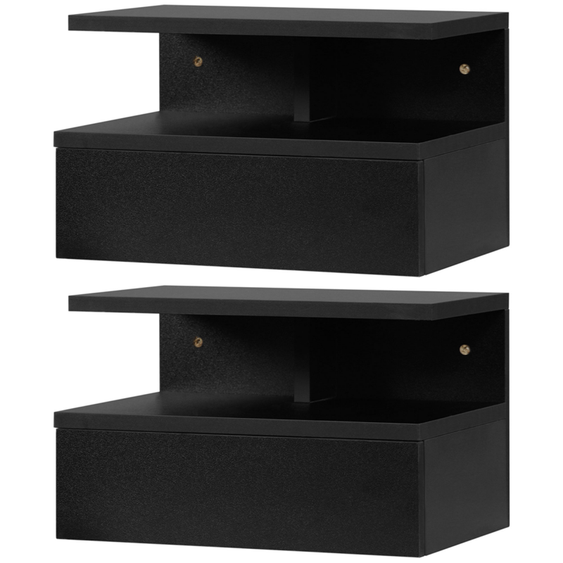 HOMCOM Set von 2 schwebenden Nachttischen - Set von 2 Nachttischen - Ausziehbare Schublade, Fach, Tablett - Schwarz Spanplatten Aosom – Bild 1 von 2
