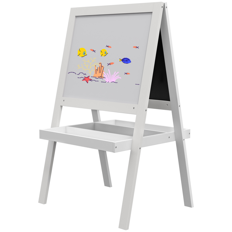 AIYAPLAY Kindertafel-Aufstellbild 2 in 1 - magnetische Kreidetafel und schwarze Tafel - 2 integrierte Aufbewahrungsfächer - weiß Aosom – Bild 1 von 2