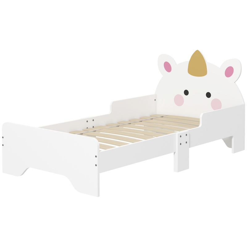 ZONEKIZ Kinderbett, Einhorn-Design, 3 bis 6 Jahre, inkl. Lattenrost, 143 x 74 x 67 cm, Kinderbett, Seitengitter, max. Belastung 80 kg, Rosa Aosom – Bild 1 von 2