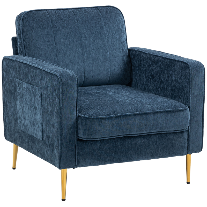 HOMCOM Wohnzimmersessel mit goldenen Stahlbeinen, bequemer 1-Sitzer-Sofa, Seitentaschen, für Wohnzimmer, Büro, Schlafzimmer, Blau Aosom – Bild 1 von 2