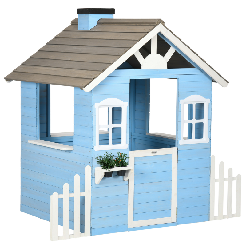 Outsunny Spielhaus für Kinder im Freien Spielhaus aus Holz mit Tür und Fenstern von 3 bis 7 Jahren - Maße 151L x 112,5B x 142H cm blau Aosom – Bild 1 von 2