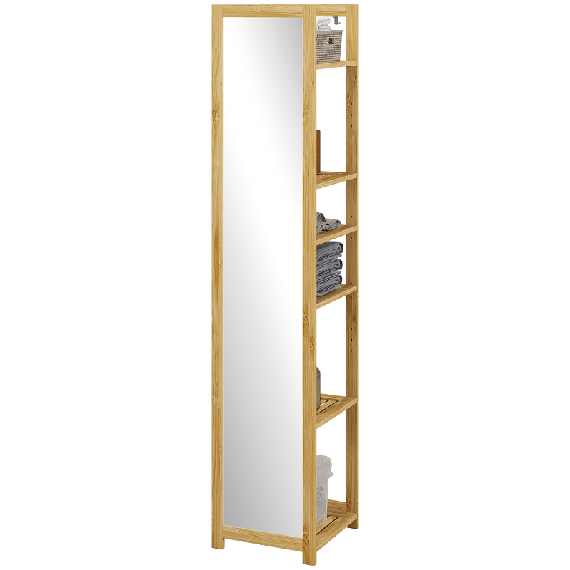 HOMCOM Badezimmer Hochschrank mit Spiegelregal mit 6 Regalen aus Naturbambus, 35B x 35T x 168H cm Aosom – Bild 1 von 2