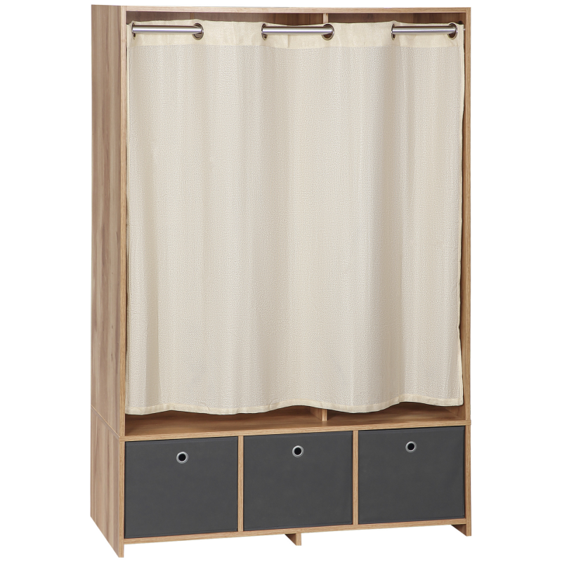 HOMCOM Kleiderschrank, Ankleidezimmer mit Vorhang, Schlafzimmerschrank, Kleiderschrank mit Stange, 3 Fächern und 3 herausnehmbaren Stoffschubladen - 105 x 48 x 160 cm, Naturholz Aosom – Bild 1 von 2