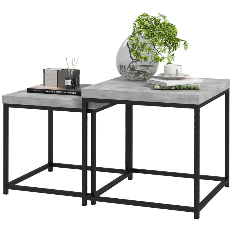 HOMCOM Set aus 2 stapelbaren quadratischen Couchtischen für das Wohnzimmer, mit Stahlgestell und grauen Holzplatten Aosom – Bild 1 von 2