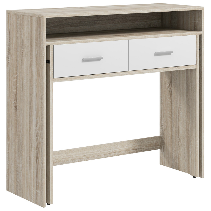 HOMCOM Konsolentisch Eingangstisch mit ausziehbarem Plateau und 2 Schubladen, Flurtisch mit Aufbewahrung für Wohnzimmer, Eingang, Schlafzimmer, 95l x 35B x 87H cm, Eichenoptik Aosom – Bild 1 von 2