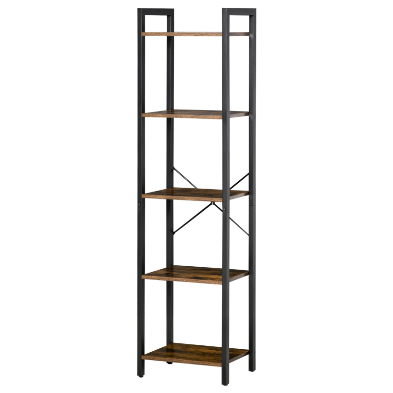 HOMCOM Bücherregal im Industrie-Stil H154 cm 5 Regale Schwarzer Stahl Spanplatten Gealterte Holzoptik Aosom – Bild 1 von 2