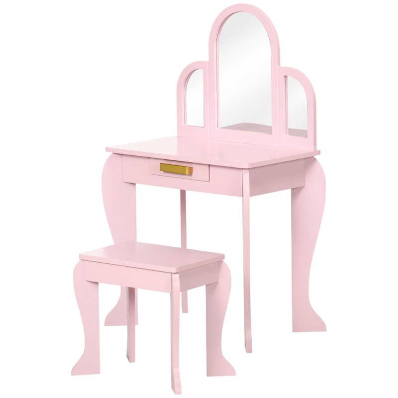 HOMCOM Kinder-Frisiertisch Schminktisch mit Hocker 3 Spiegel und Schublade 3-6 Jahre - 52 x 32 x 85 cm - Rosa Aosom – Bild 1 von 2