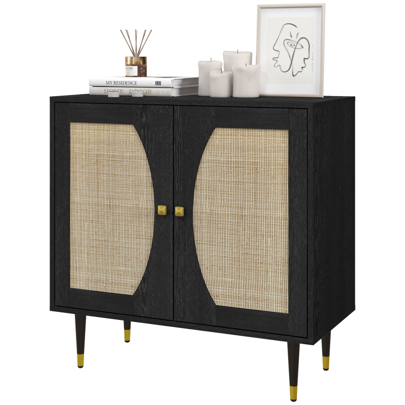 HOMCOM Buffet Küchenmöbel Aufbewahrung Boho Design Doppeltüren mit 2 Ebenen, Rattanfront 80 x 38 x 79 cm Schwarz Aosom – Bild 1 von 2