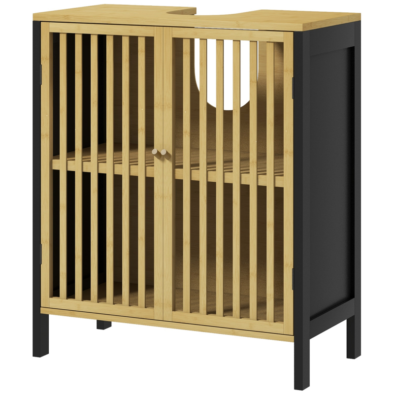 HOMCOM Waschbeckenunterschrank Badezimmermöbel 2 Türen mit höhenverstellbarem Regal Aufbewahrungsschrank für Waschbecken 60 x 30 x 70 cm aus schwarzem Bambus und Naturholz Aosom – Bild 1 von 2