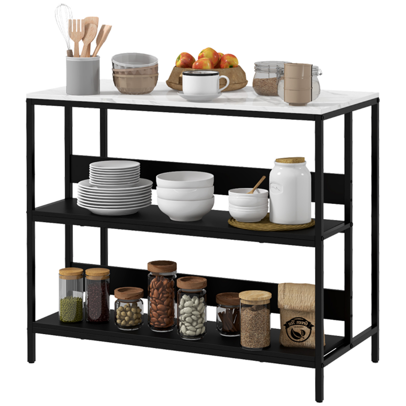 HOMCOM Kücheninsel-Regal, Küchenmöbel, marmorierte Oberfläche, Stahlstruktur, 2 Regale, Aufbewahrungsmöbel für Wohnzimmer, moderner Stil, 100 x 50 x 90 cm, schwarz Aosom – Bild 1 von 2