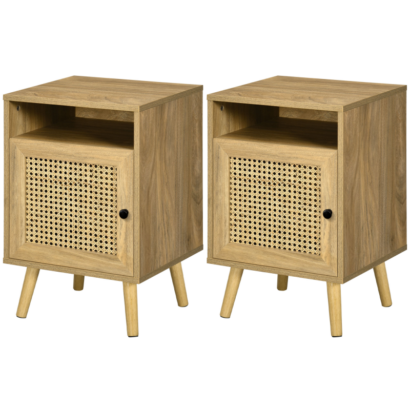 HOMCOM Lot de 2 Nachttisch Nachtschrank mit Schrank Tür Rattan Flechtwerk und Fach Vintage Design 39 x 35 x 60 cm Natur Aosom – Bild 1 von 2