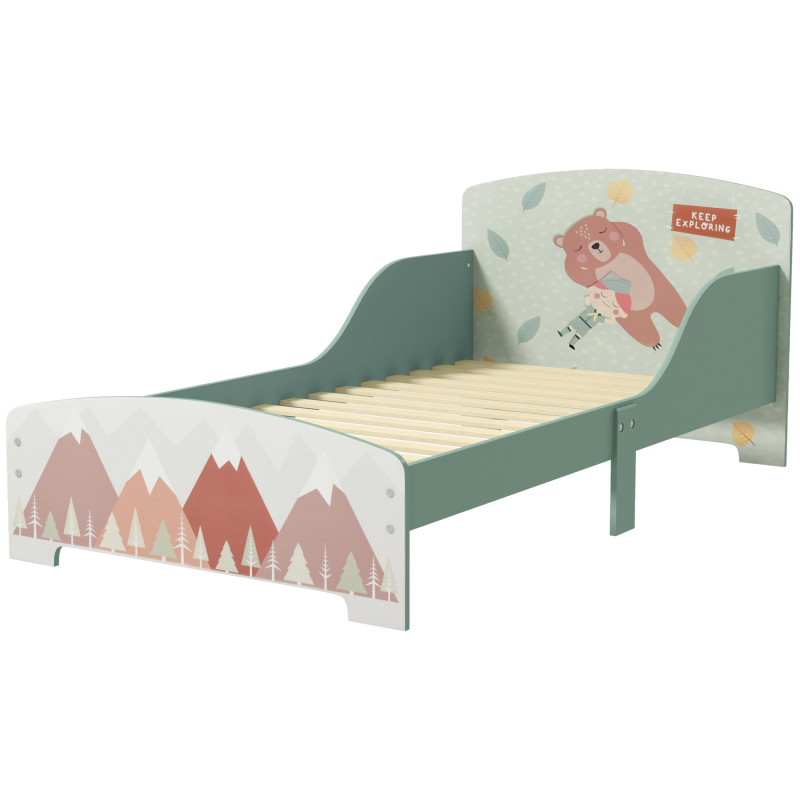 ZONEKIZ Kinderbett Bodenbett für Kinder 3-6 Jahre mit Sicherheitsbarrieren und Mustern Maße 77 x 143 x 60 cm Lattenrost inklusive - Grün Aosom – Bild 1 von 2