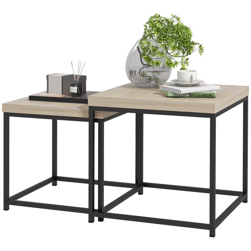 HOMCOM Set aus 2 ineinander stapelbaren Couchtischen quadratische Beistelltische Wohnzimmertische mit Stahlrahmen und hellen Holzplatten Aosom – Bild 1 von 2