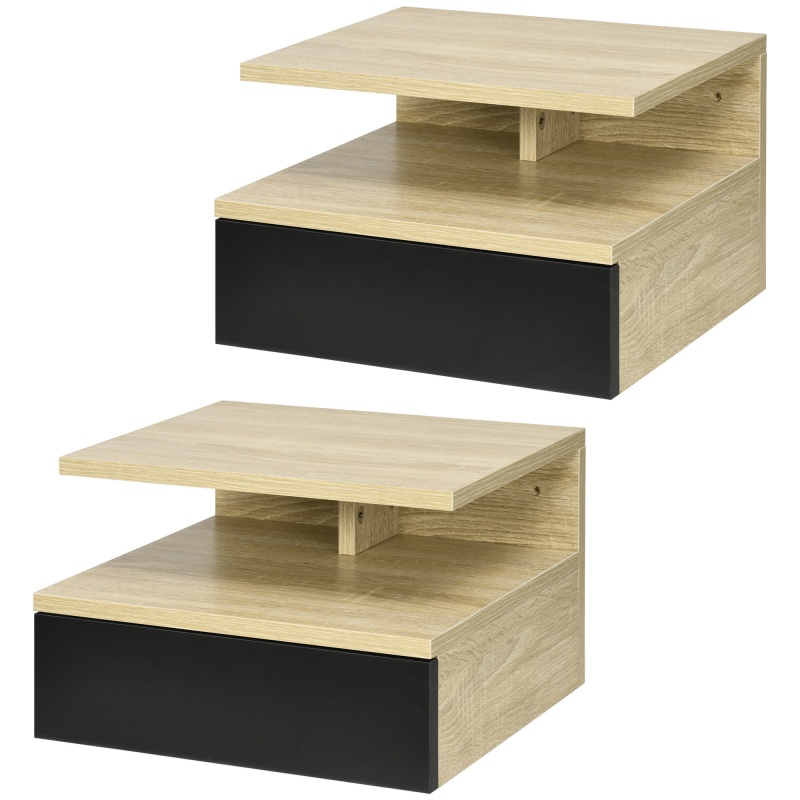 HOMCOM Set mit 2 Wand-Nachttischen - Set mit 2 Nachttischen - Schublade, Fach, Ablage - Schwarz Eiche Aosom – Bild 1 von 2