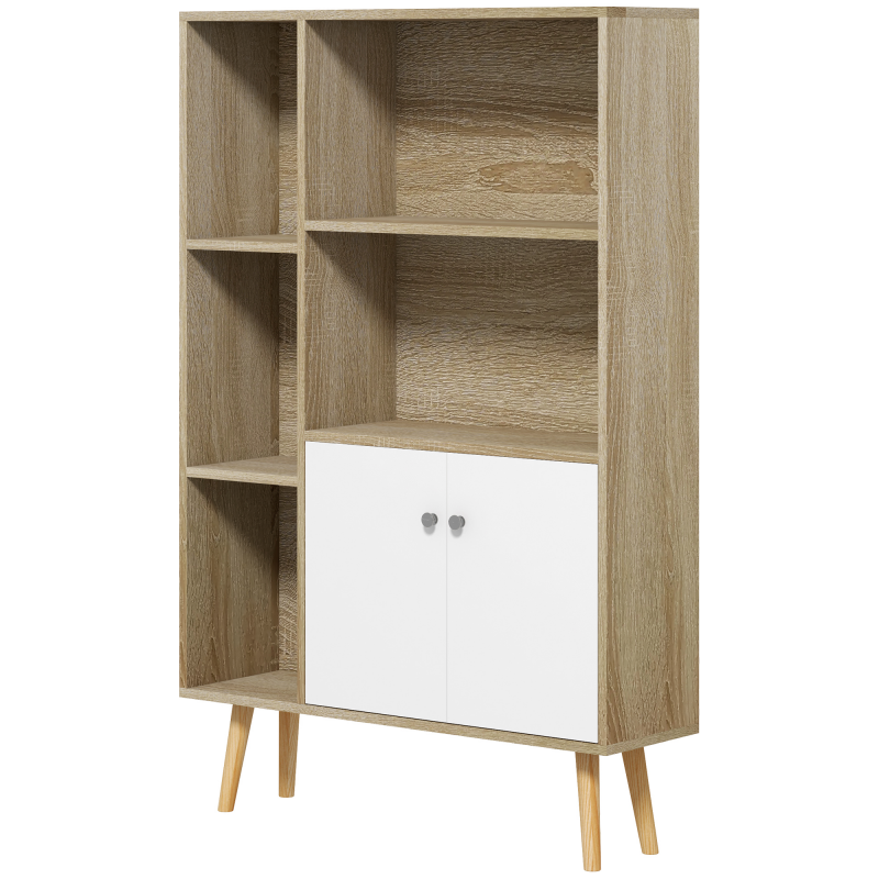 HOMCOM Skandinavisches Bücherregal Aufbewahrungsmöbel dim. 80L x 23,5B x 123H cm 5 Nischen Schrank 2 Türen geneigte, massive Pinienholzfüße Eiche Aosom – Bild 1 von 2