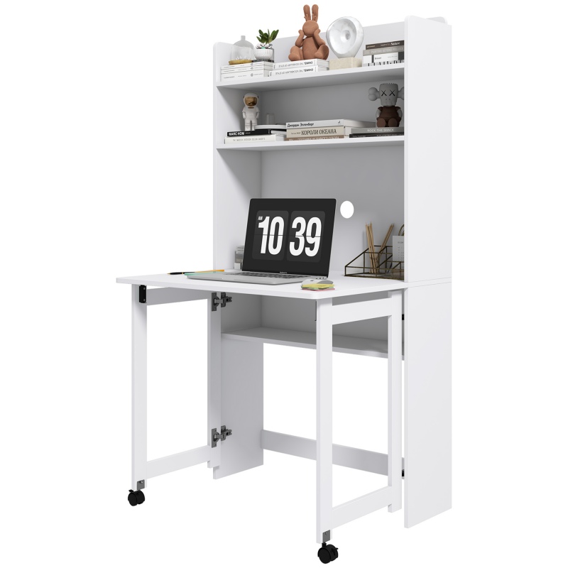 HOMCOM Computertisch mit Stauräumen, klappbarer Platte und 2 Rollen für Schlafzimmer, Wohnzimmer und Haus, 80 x 69 x 153 cm, Weiß Aosom – Bild 1 von 2