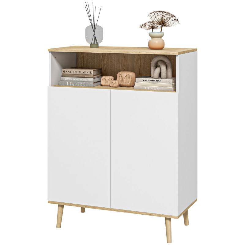 HOMCOM Aufbewahrungsmöbel, Sideboard Küche, mit verstellbarem Regal, 2-türiger Schrank, 80 x 38 x 102 cm, skandinavisches Design, Massivholzbeine, Weiß und Holzoptik Aosom – Bild 1 von 2