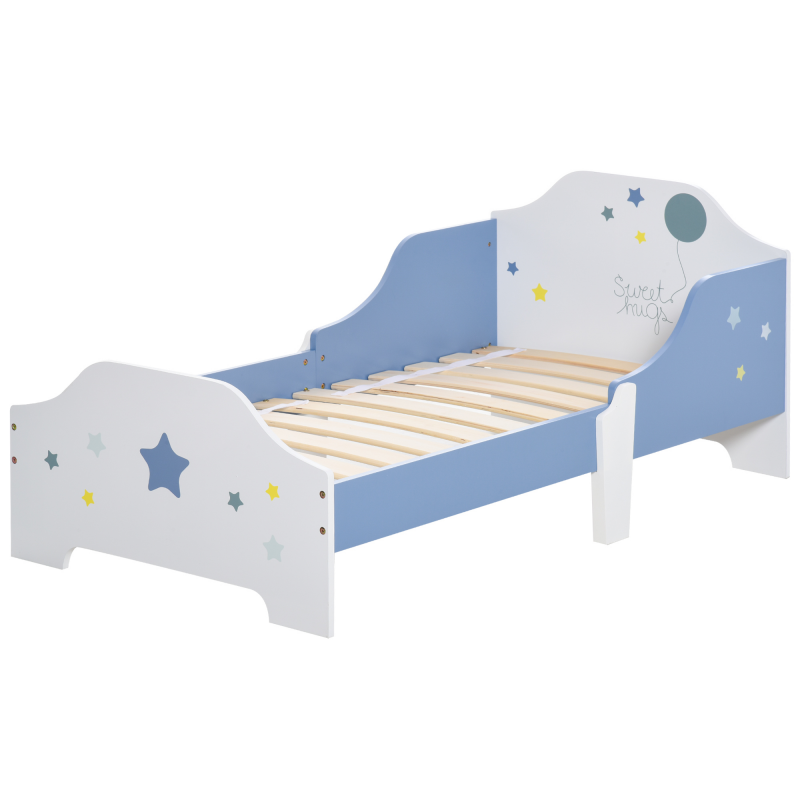 HOMCOM Kinderbett, Kinderbett am Boden, von 3 bis 6 Jahren, 143 x 74 cm, Sternendesign, Lattenrost inklusive, für Kinderzimmer, blau-weiß Aosom – Bild 1 von 2
