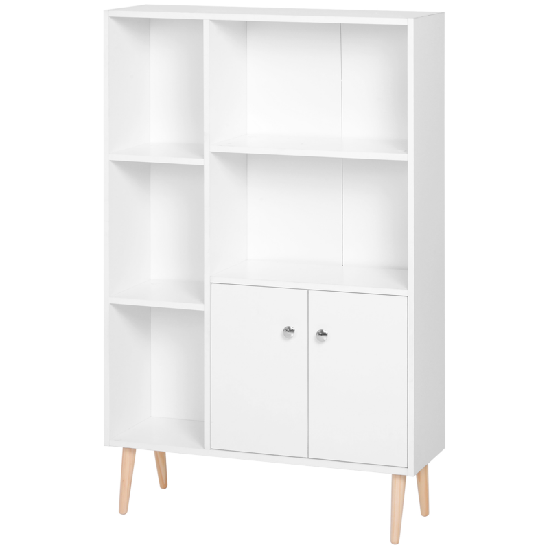 HOMCOM Skandinavisches Bücherregal mit Abmessungen 80L x 23,5B x 123H cm, 5 Nischen, Schrank, 2 Türen, schräge massive Holzfüße, Spanplatten in Weiß Aosom – Bild 1 von 2